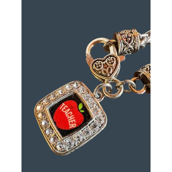 Teacher Apple Square Charm Bracelet Classic Silver Plated - Picture 7 of 11